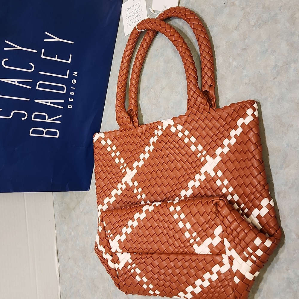 Stacy Bradley Brown & White Woven Tote Bag With Pouch - Picture 7 of 8
